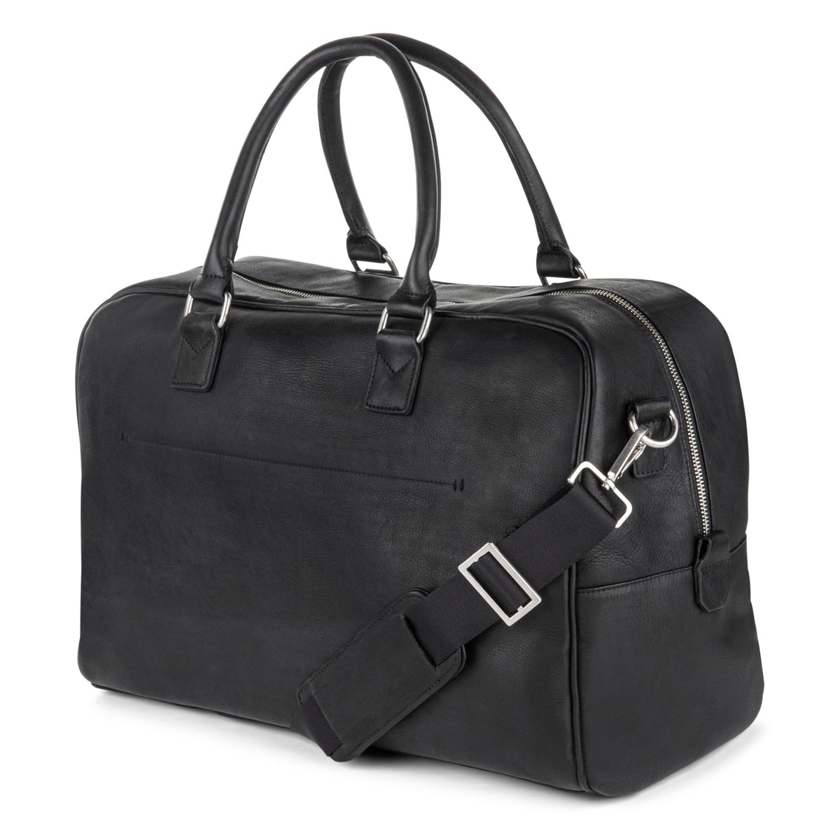 Black Bugatti Collections Colombia Duffle Bag with sturdy handles and spacious main compartment, shown at an angle.