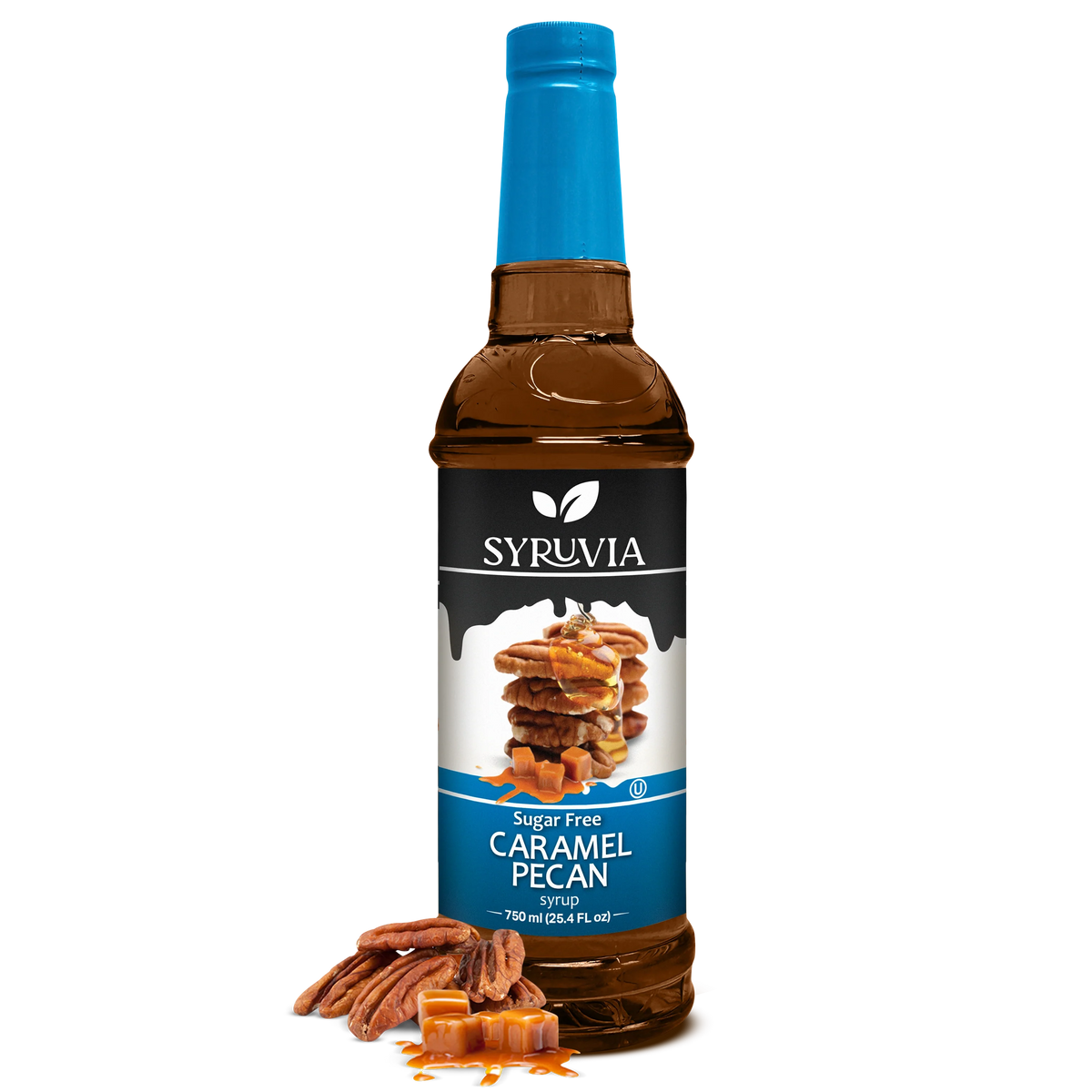 Bottle of Syruvia sugar-free caramel pecan syrup with a label and a dark caramel color liquid inside.