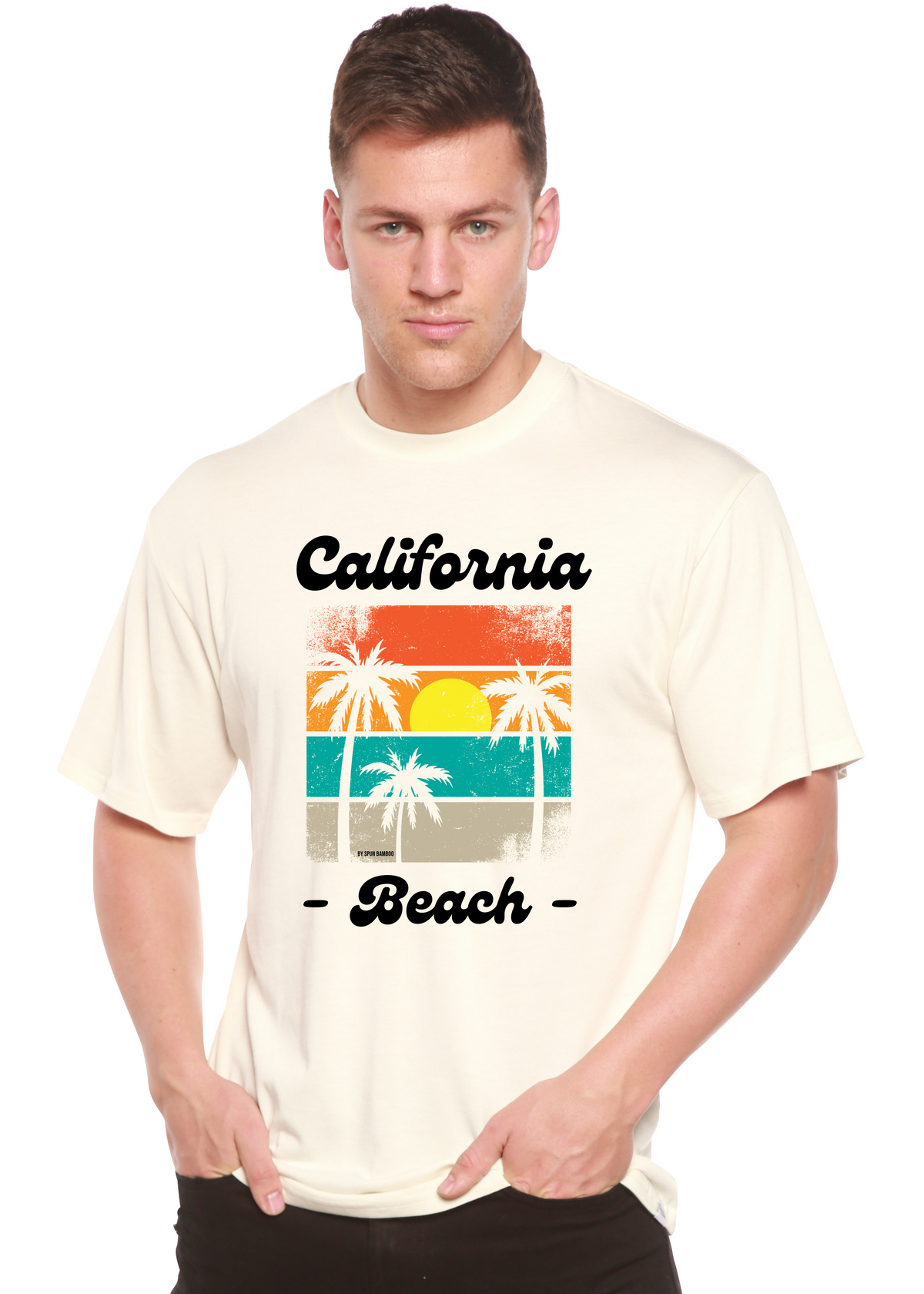Spun Bamboo men's graphic T-shirt made from bamboo viscose and organic cotton, featuring a California Beach print.