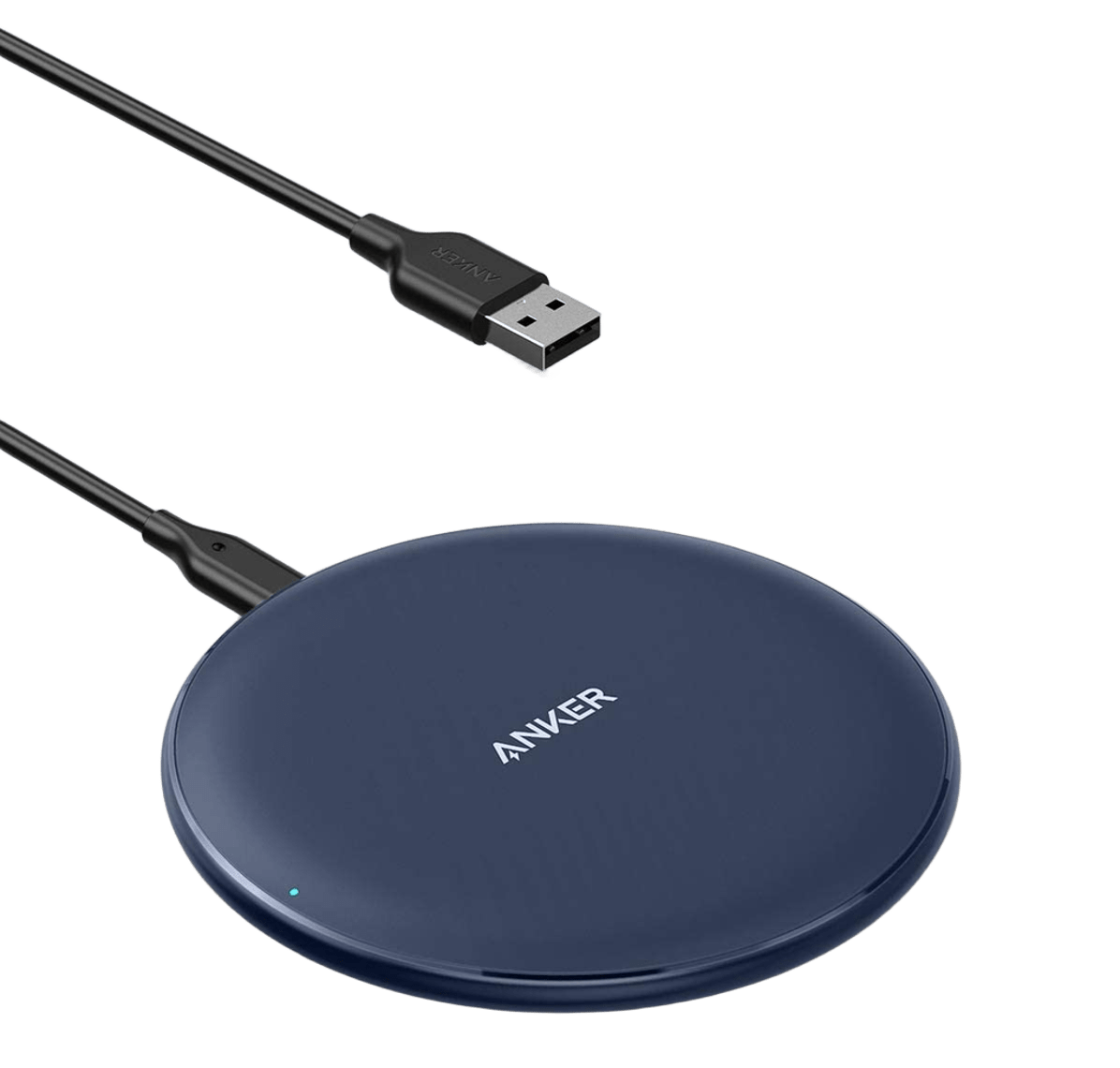 Anker 313 wireless charging pad for smartphones, slim and flat design, with charging indicator light visible on the pad.