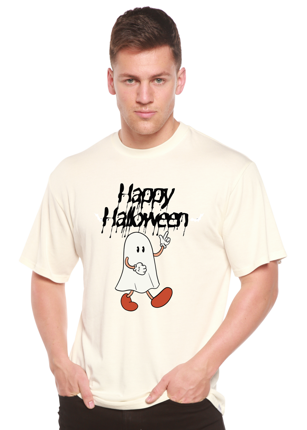 Happy Halloween men's bamboo viscose organic cotton short sleeve graphic T-shirt with Halloween design, by Spun Bamboo.