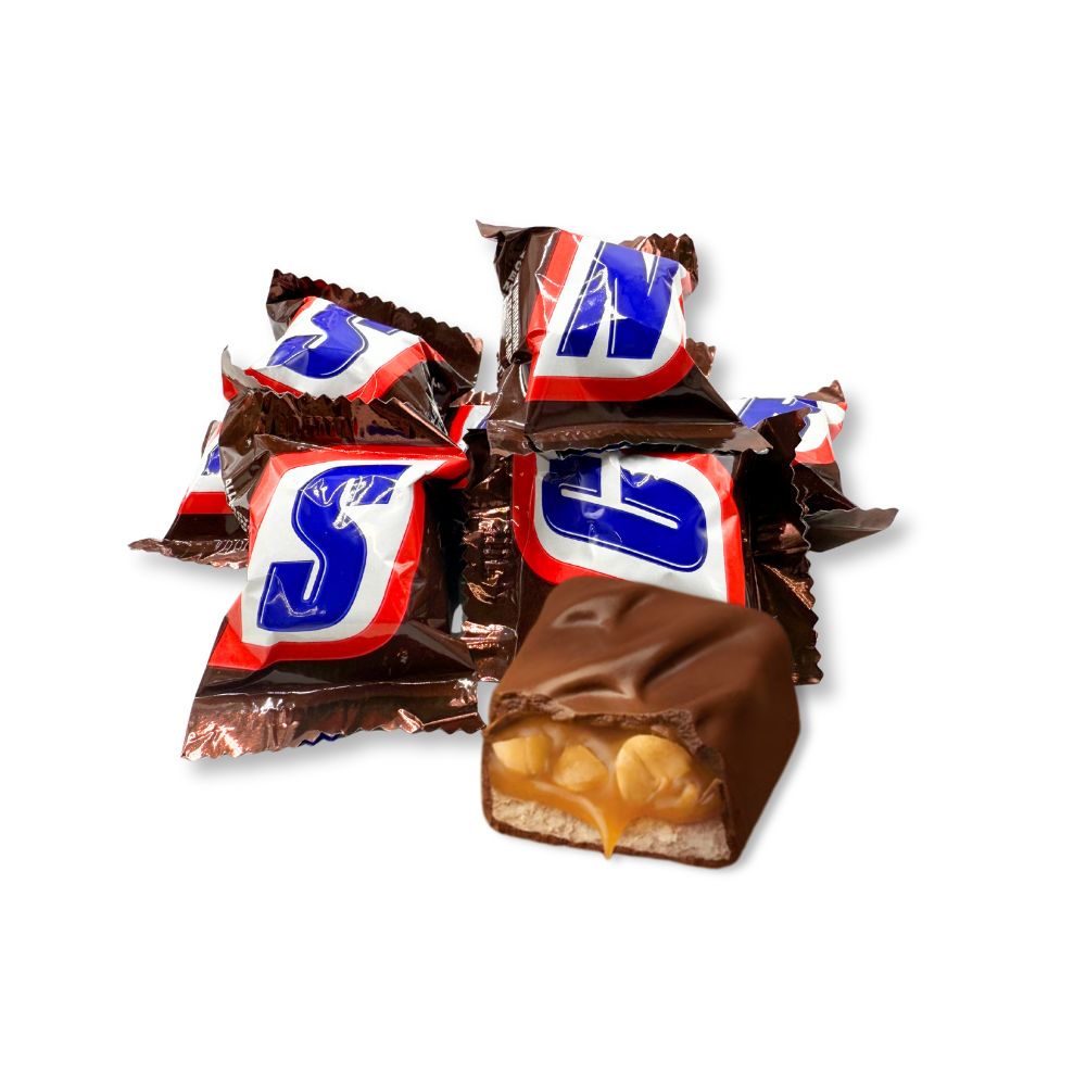 Mini Snickers chocolate candy bars from Candy In Bulk in a bulk value bag, showcasing small caramel and nut-filled chocolate pieces.