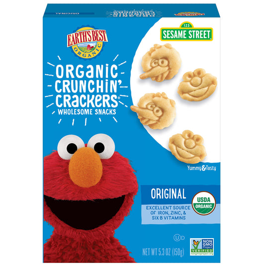 Organic Earth’s Best Sesame Street Toddler Crackers in a 5.3 oz box, featuring colorful Sesame Street characters on the packaging.
