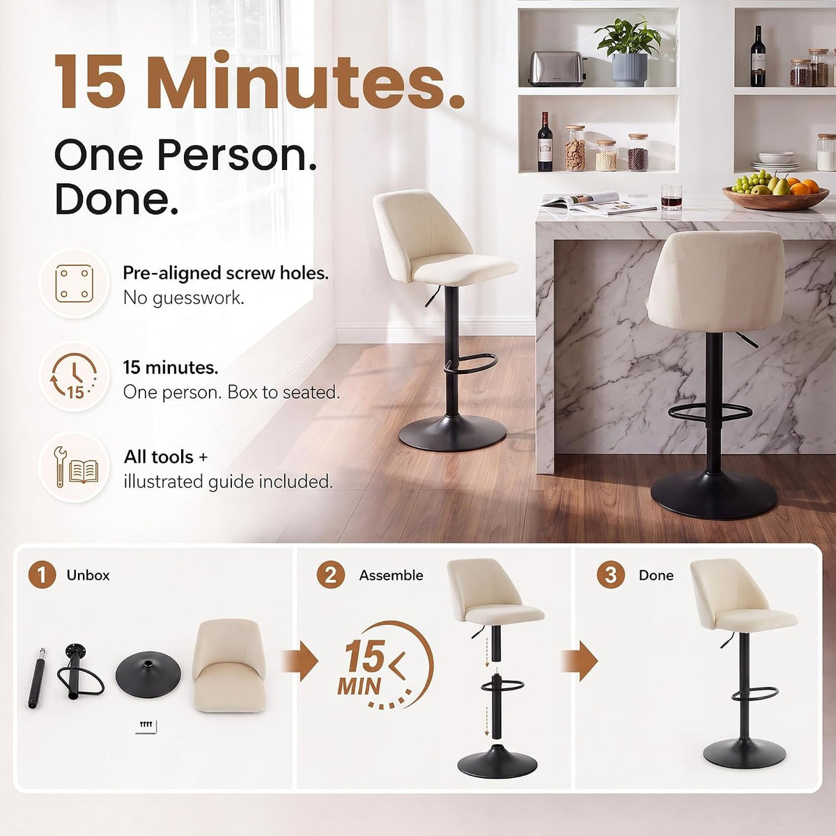 Beige Adjustable Swivel Counter Height Barstools Set of 3