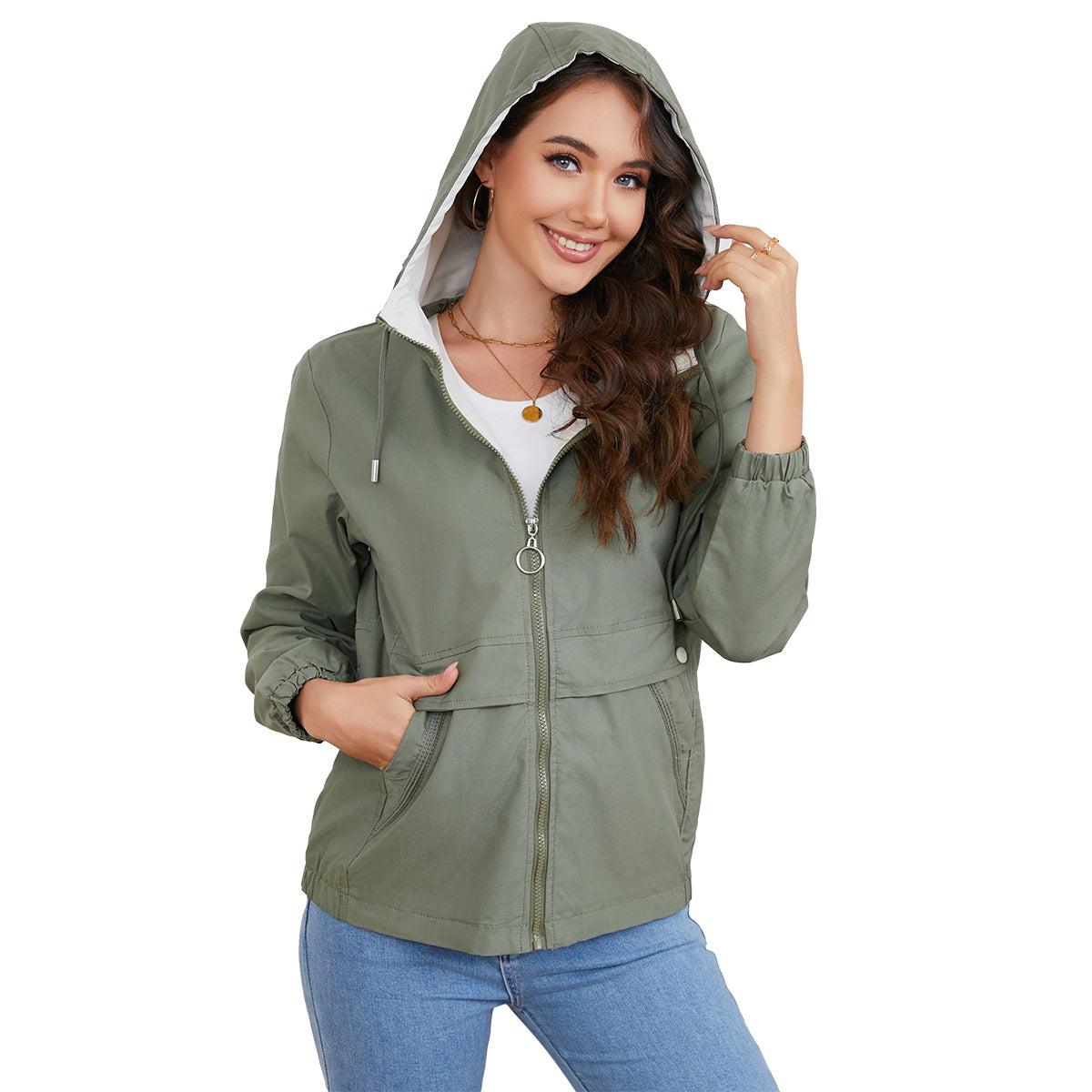 Women's hooded solid color trench coat by My Store