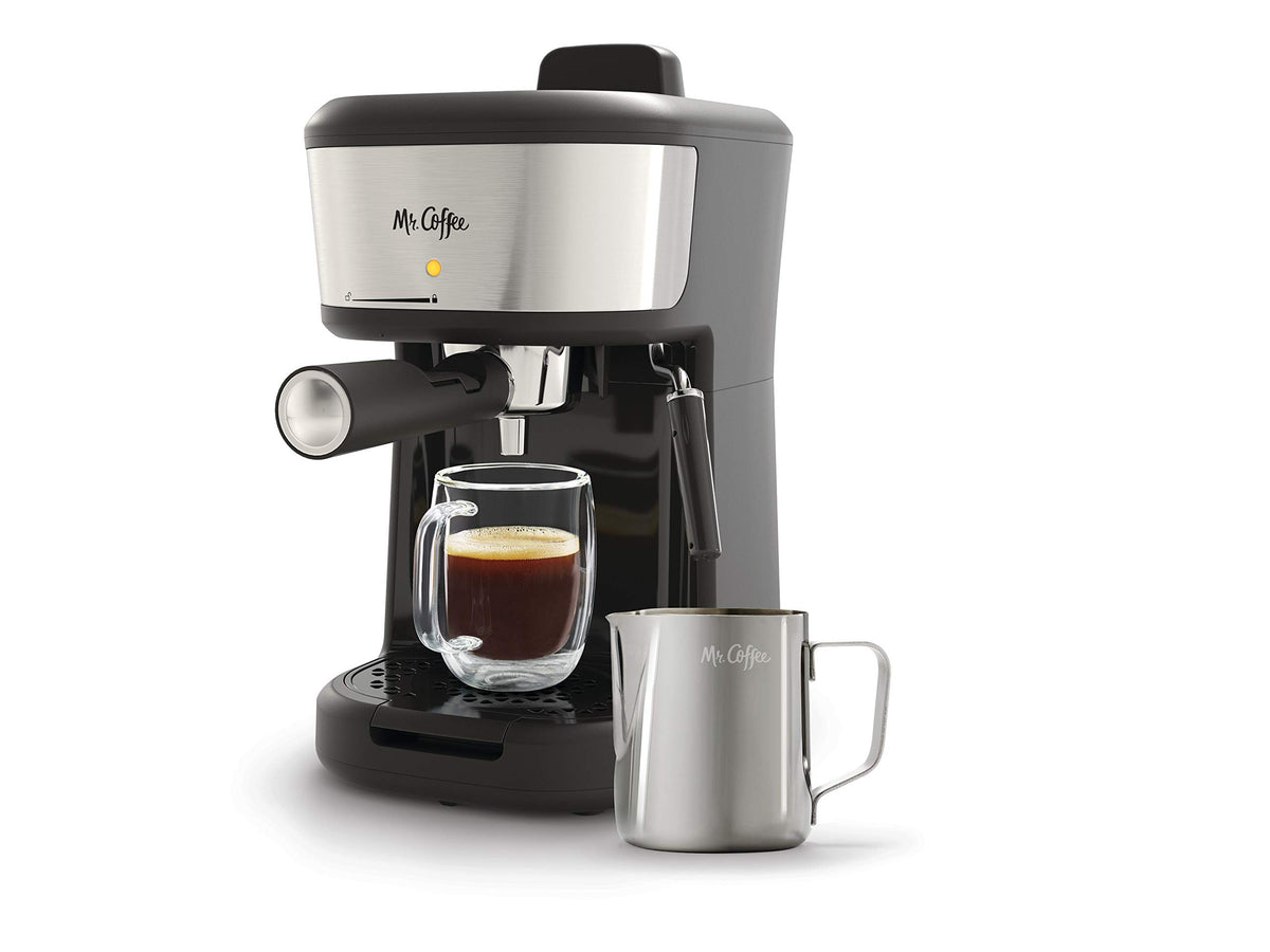 Mr. Coffee Espresso and Cappuccino Machine Single Serve Coffee Maker with Milk Frothing Pitcher and Steam Wand 20 ounces Stainless SteelBlack