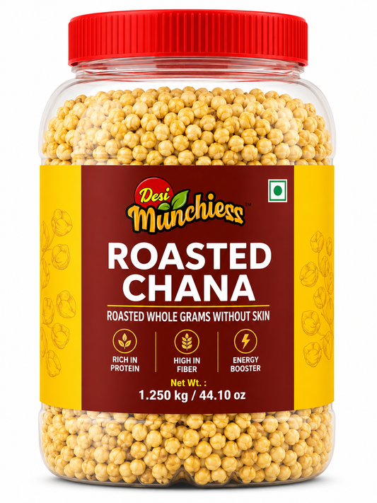 Roasted Desimunchiess Chana snack in 1.25kg pack, without skin, crunchy and nutritious roasted chickpeas for snacking.