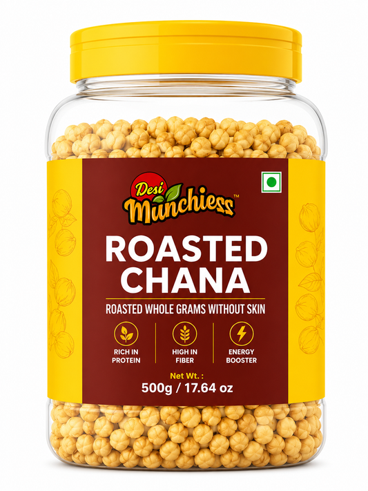 Roasted Chana snack in 500g pack by Desimunchiess, whole skinless chickpeas ready to eat.