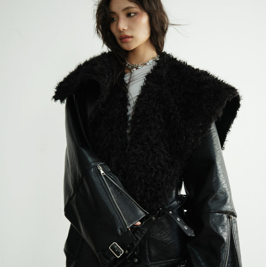Mid-length heavyweight black PU leather silhouette jacket with structured design and long sleeves