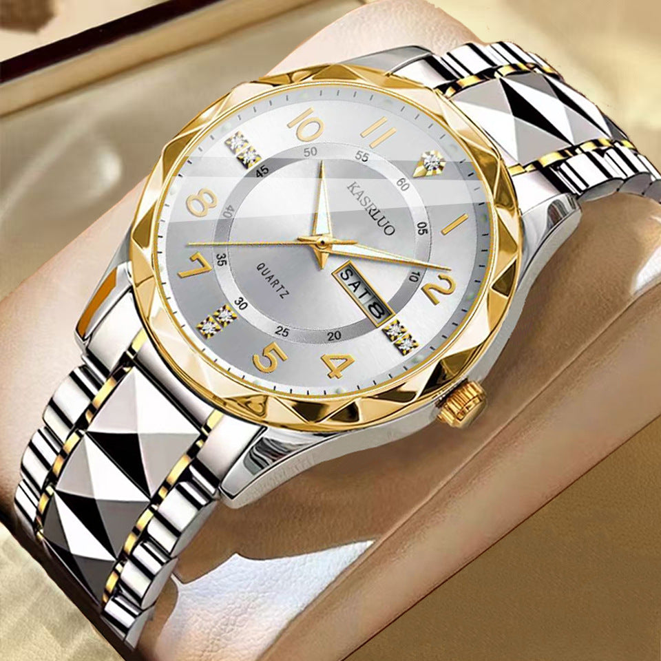 Men's dual calendar waterproof luminous quartz watch with black dial and stainless steel case