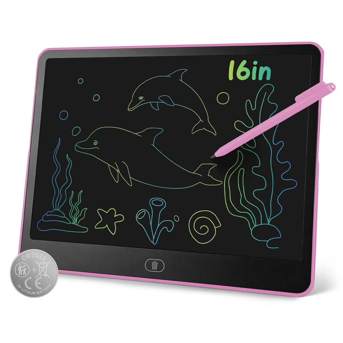 GBruno Store LCD writing tablet for kids with stylus and lock function, showing a colorful drawing on the screen.