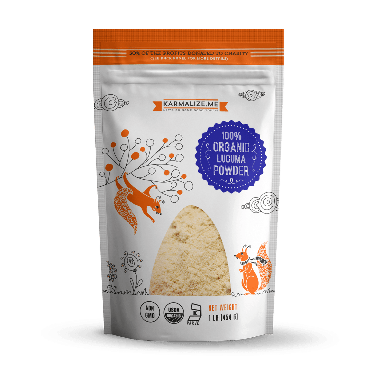 Organic Lacuma powder from Karmalize.Me, a natural superfood supplement in a resealable bag with a vibrant label.