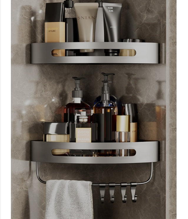 Triangle bathroom wall shelf, perforated hanging storage rack in a simple design