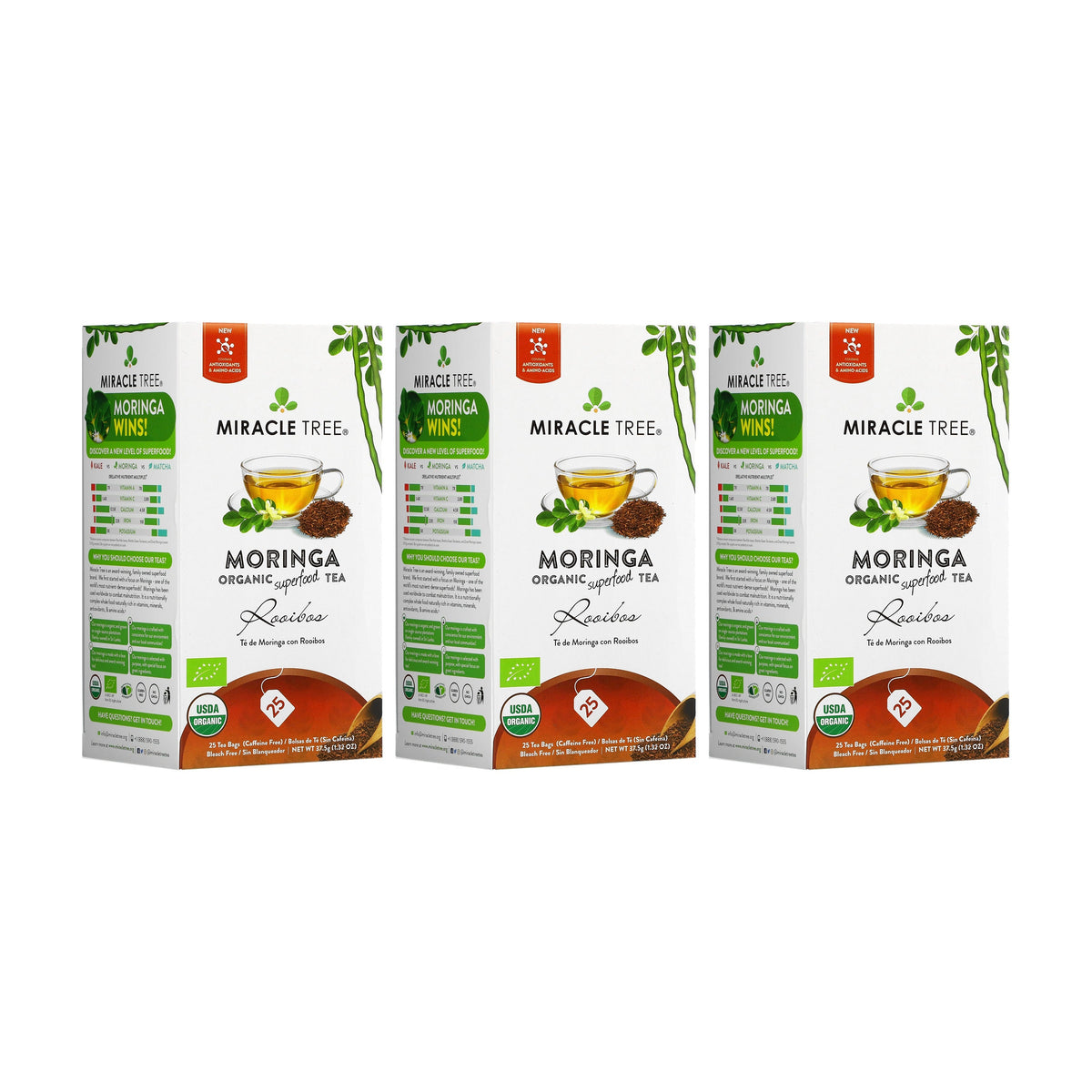 Organic Moringa Rooibos herbal tea by Miracle Tree in a tea bag, showcasing dried herbs and tea packaging.