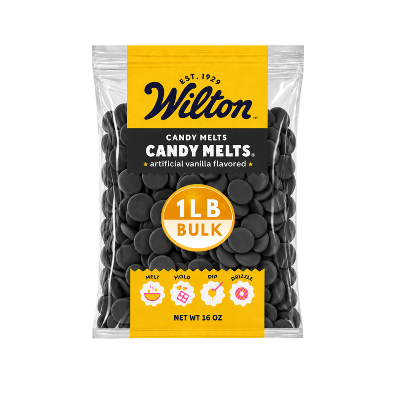 1lb bag of Candy In Bulk Wilton black chocolate confectionery melting wafers for baking and decorating.