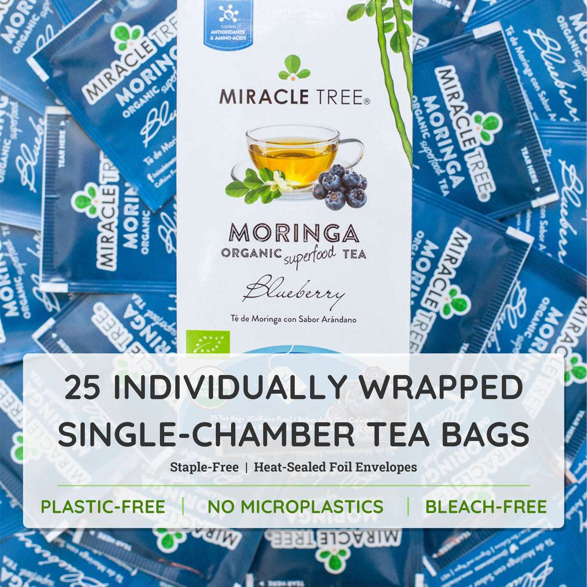 Organic Moringa Blueberry Herbal Tea by Miracle Tree, caffeine-free herbal tea with vibrant blueberry flavor and fresh tea leaves.