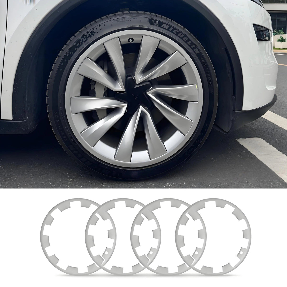 Set of four 20-inch wheel rim protectors for Tesla Model Y Juniper, made by Tesery, designed to shield wheel covers from scratches.