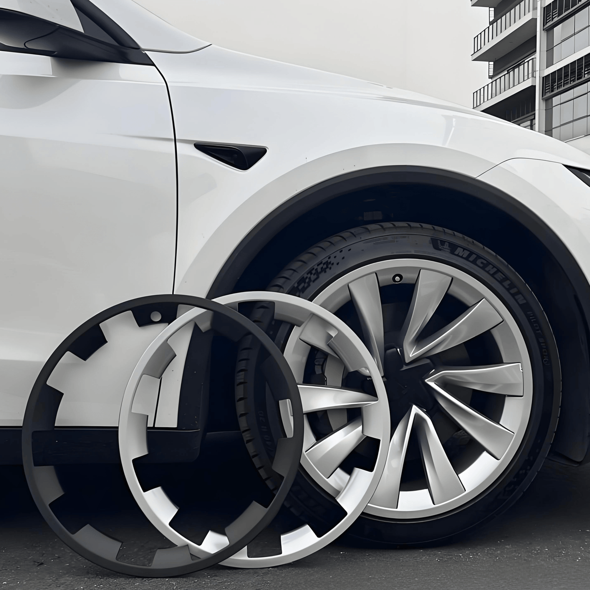 Set of four 20-inch wheel rim protectors for Tesla Model Y Juniper wheels, durable wheel covers by Tesery Official.