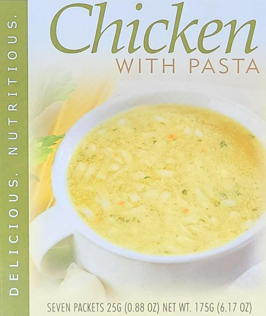 A bowl of chicken pasta soup by AmBari Nutrition with tender chicken, pasta, and vegetables in a savory broth.