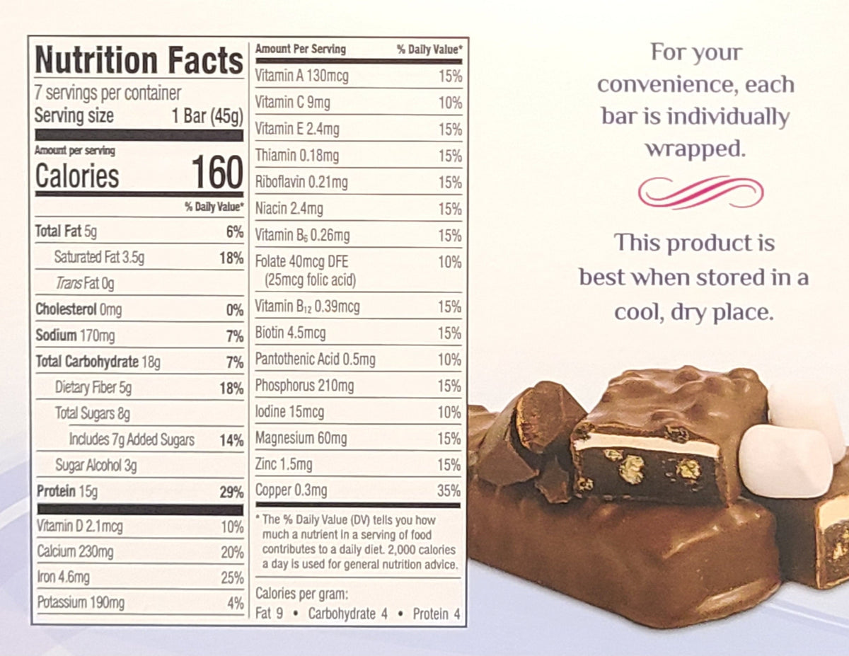 AmBari Nutrition S'mores chocolate marshmallow bar showing a bar with graham cracker, chocolate, and gooey marshmallow layers