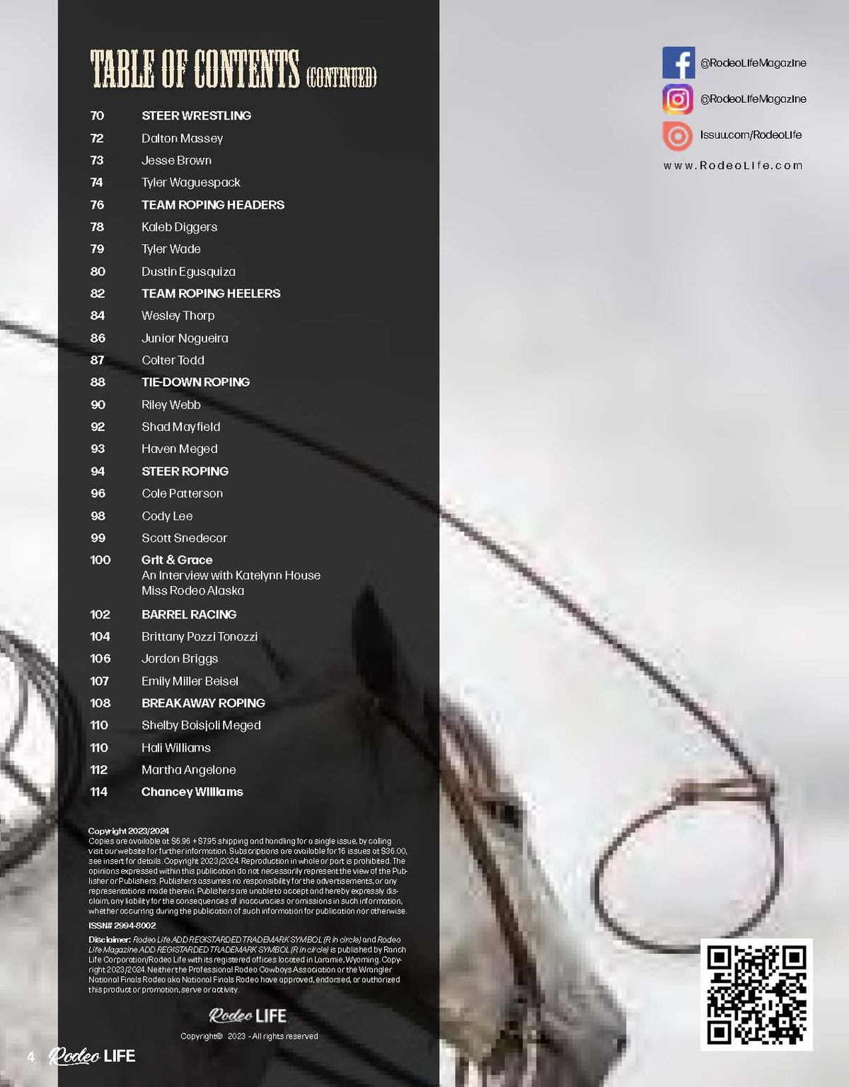 Cover image of Rodeo LIFE Digital December 2023 magazine, featuring a table of contents page with magazine branding.