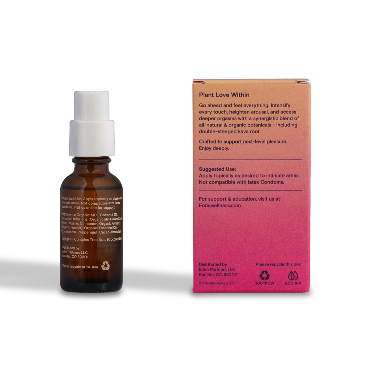 Foria Awaken Arousal Oil bottle with organic botanical ingredients, shown from the back on a white background.