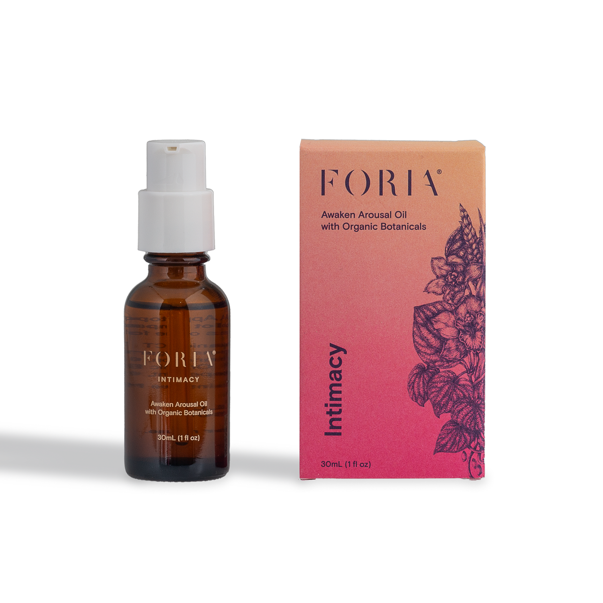 Foria Awaken Arousal Oil bottle with organic botanicals, front view, showcasing the product label and packaging design.