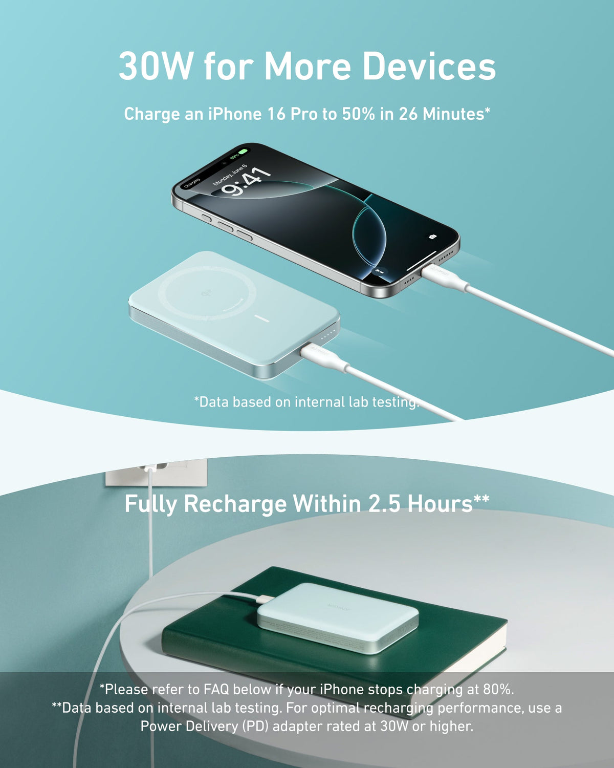 Anker MagGo 10K Slim power bank with magnetic charging pad, compact portable power source for smartphones and devices.