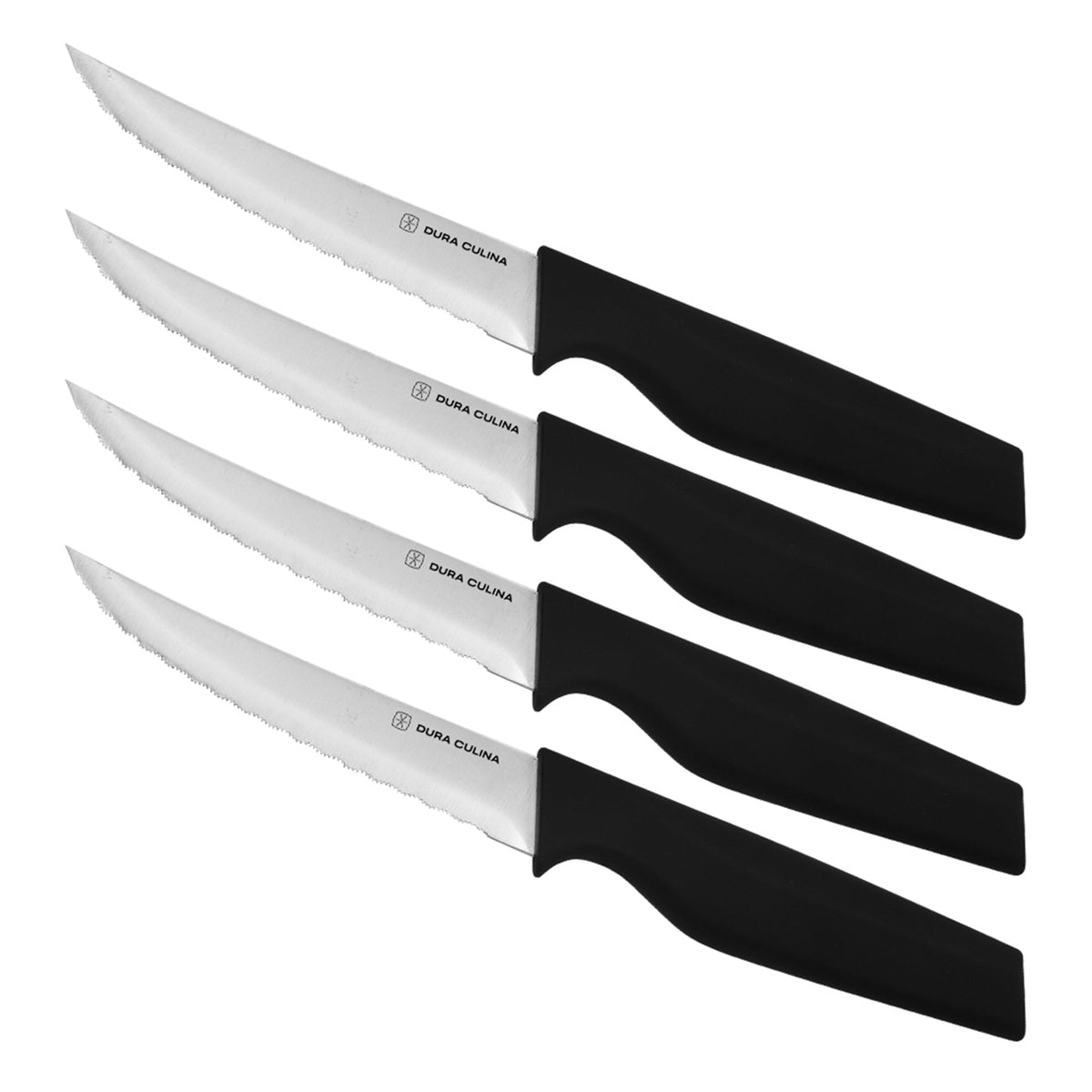 Dura Living 4-piece steak knife set with high carbon stainless steel serrated blades and ergonomic handles for dining.