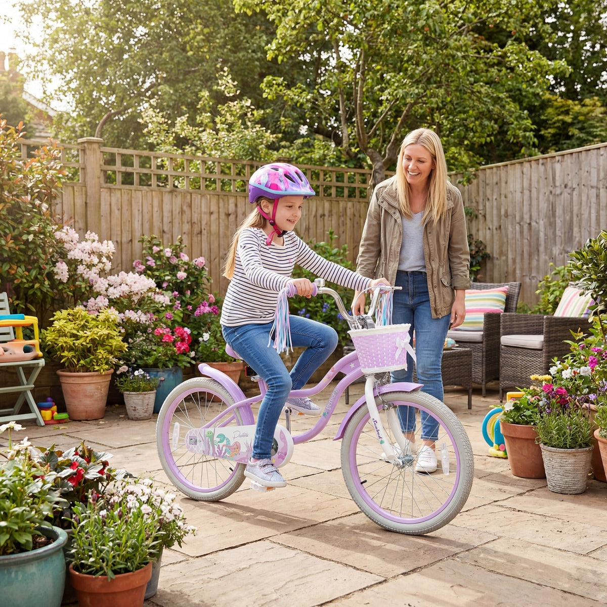 Purple kids bike with 20-inch wheels, training wheels, and front basket, designed for children’s outdoor riding.