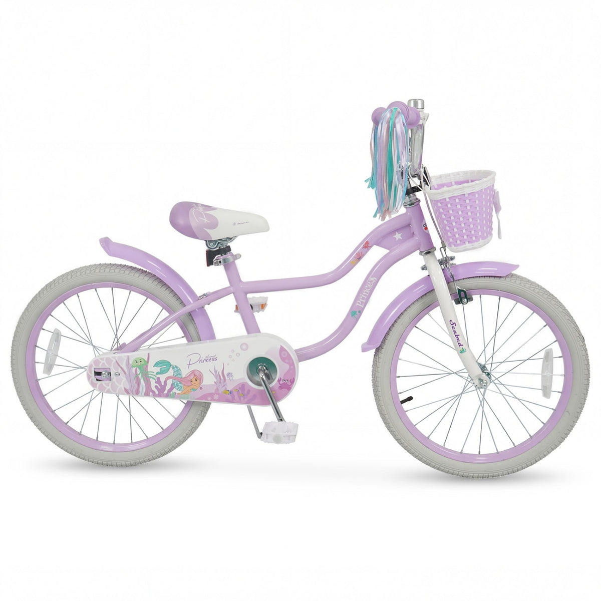 Purple kids bike with 20-inch wheels, training wheels, and a front basket, ideal for children learning to ride.