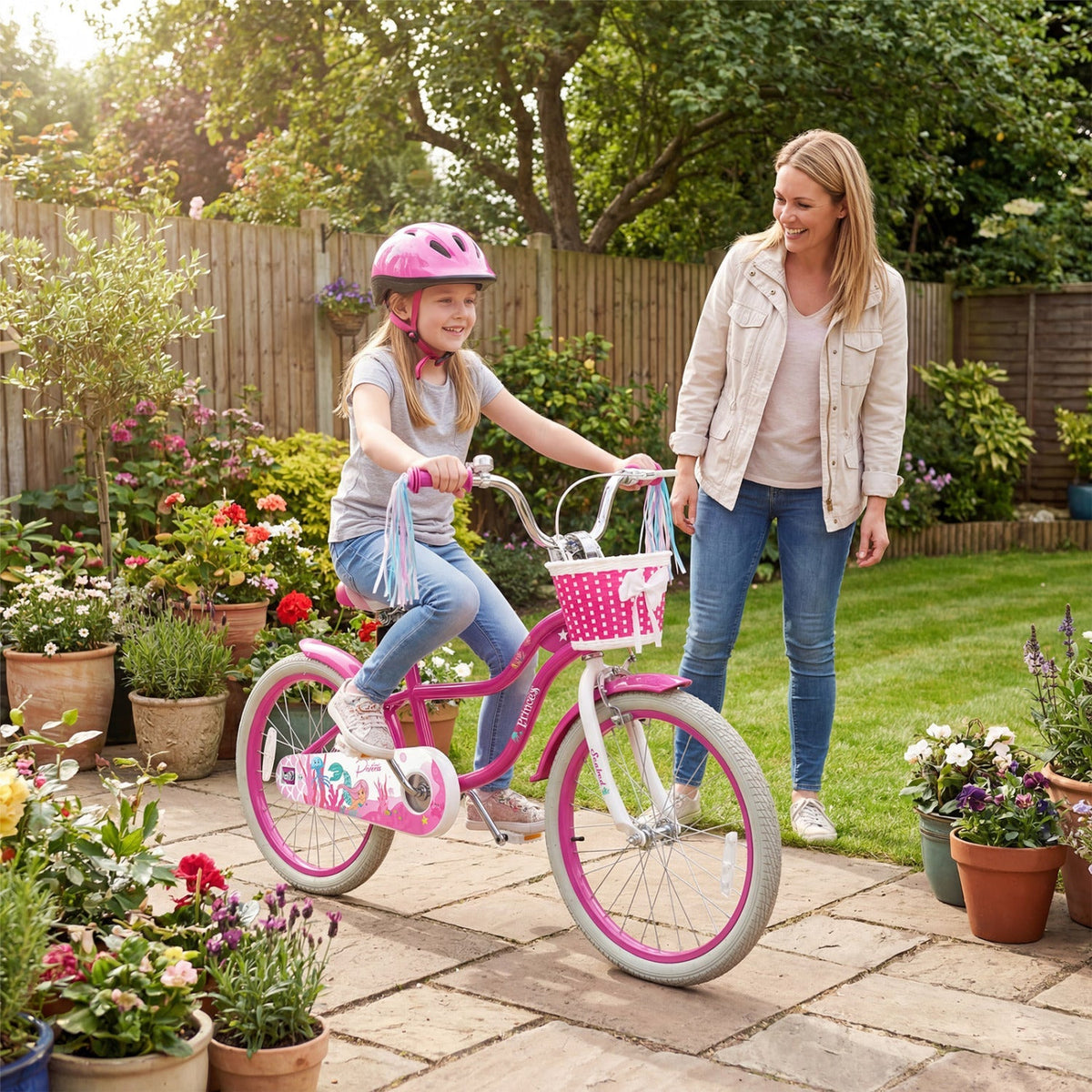 Kids bike with 18-inch wheels, pink frame, training wheels, and a front basket, designed for young children.