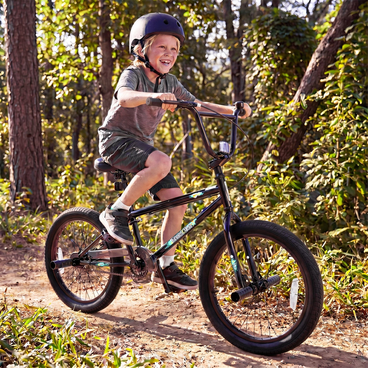 20-inch BMX trick bike with 360° steering for kids and teens, featuring a sturdy frame and colorful design.