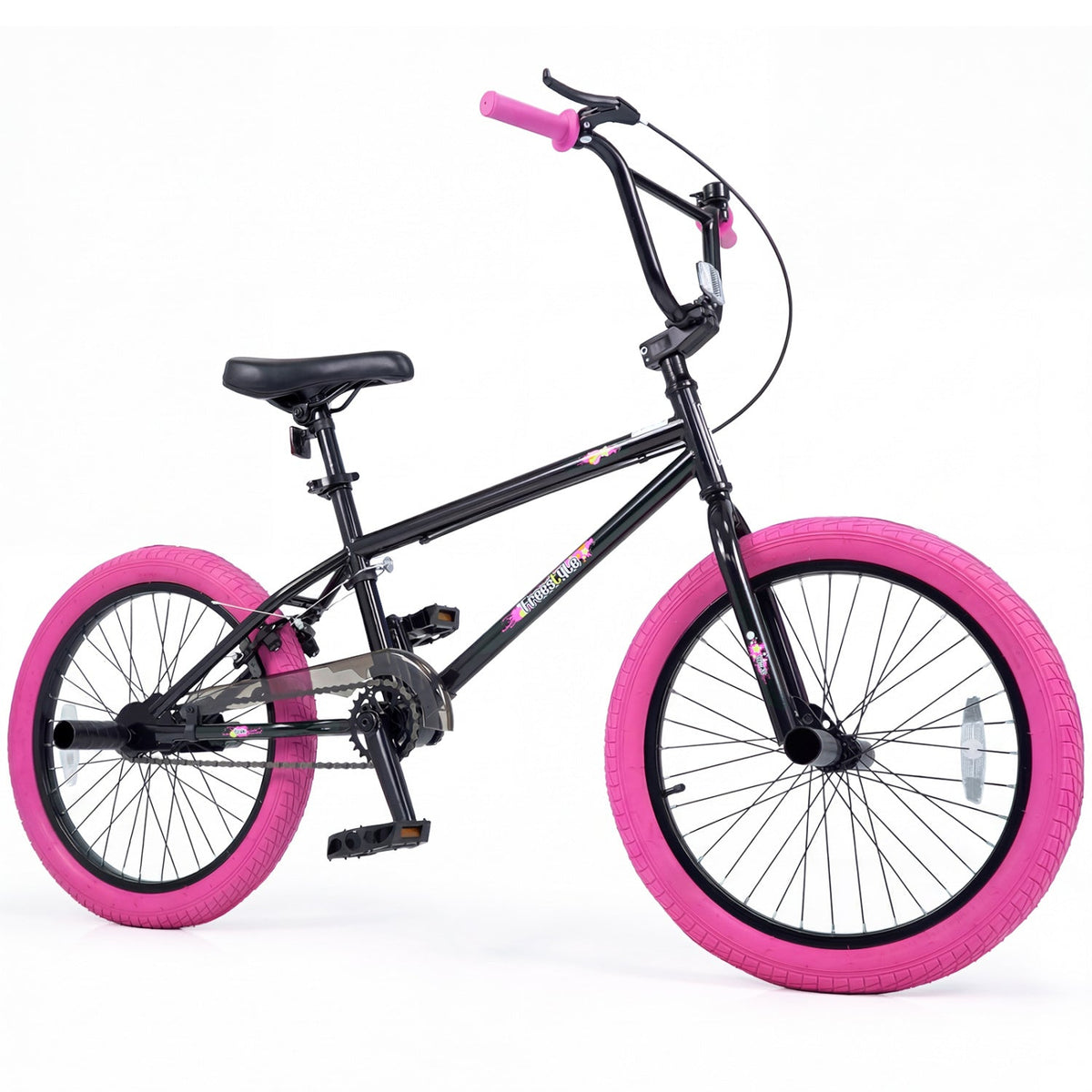 20-inch trick bicycle by GBruno with 360-degree steering and adjustable seat, designed for kids and teens to perform stunts.