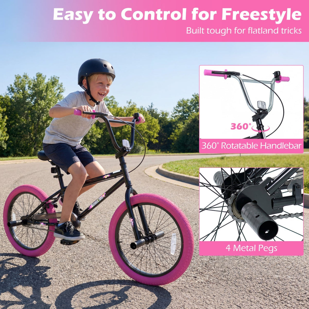 20-inch trick bicycle from GBruno Store with 360-degree steering and adjustable seat for kids and teens, shown from side view.
