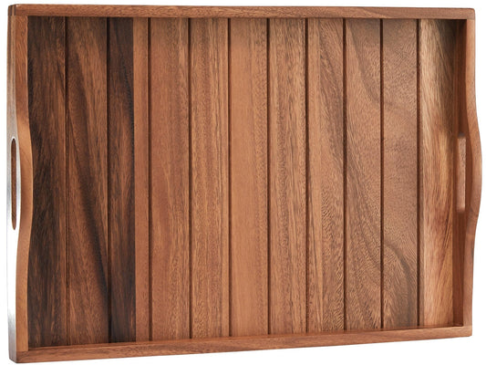 Large natural acacia wooden serving tray with handles, 20x14 inches, ideal for kitchen, coffee table, or breakfast in bed.