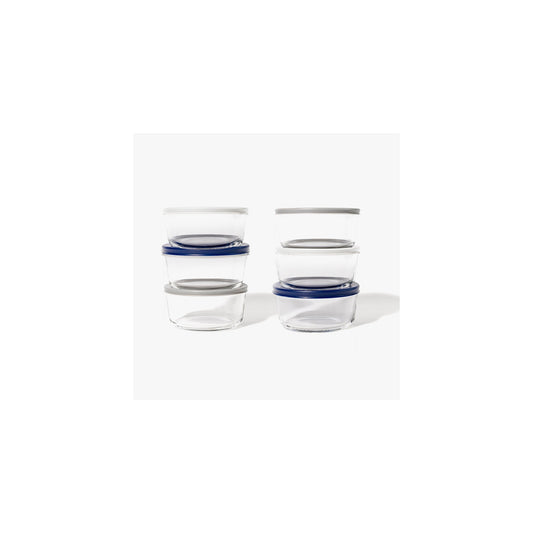 Set of 12 blue round glass storage containers with lids, 2-cup (16oz) capacity, by Dura Living for kitchen organization.