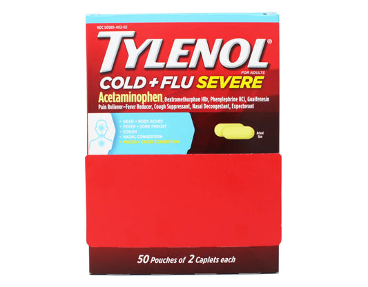 Tylenol Severe Cold & Flu Relief caplets in a 50-pack pouch, over-the-counter medication for cold and flu symptoms.