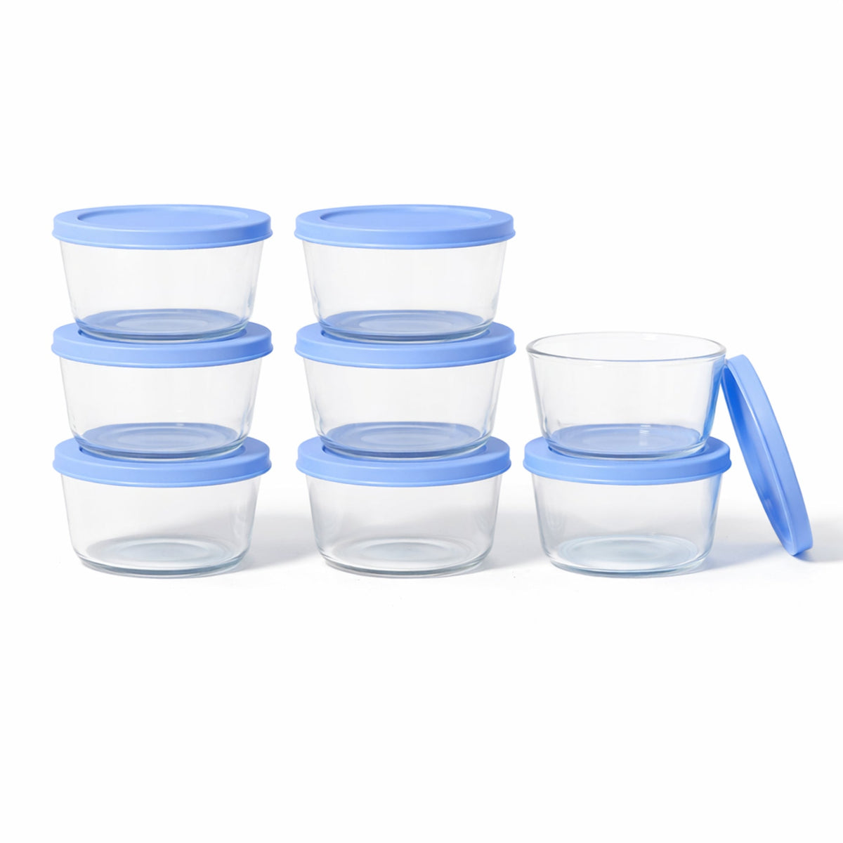 Set of 16 Dura Living round glass storage containers with lids in lavender blue, 1 cup (8oz) capacity for kitchen organization.