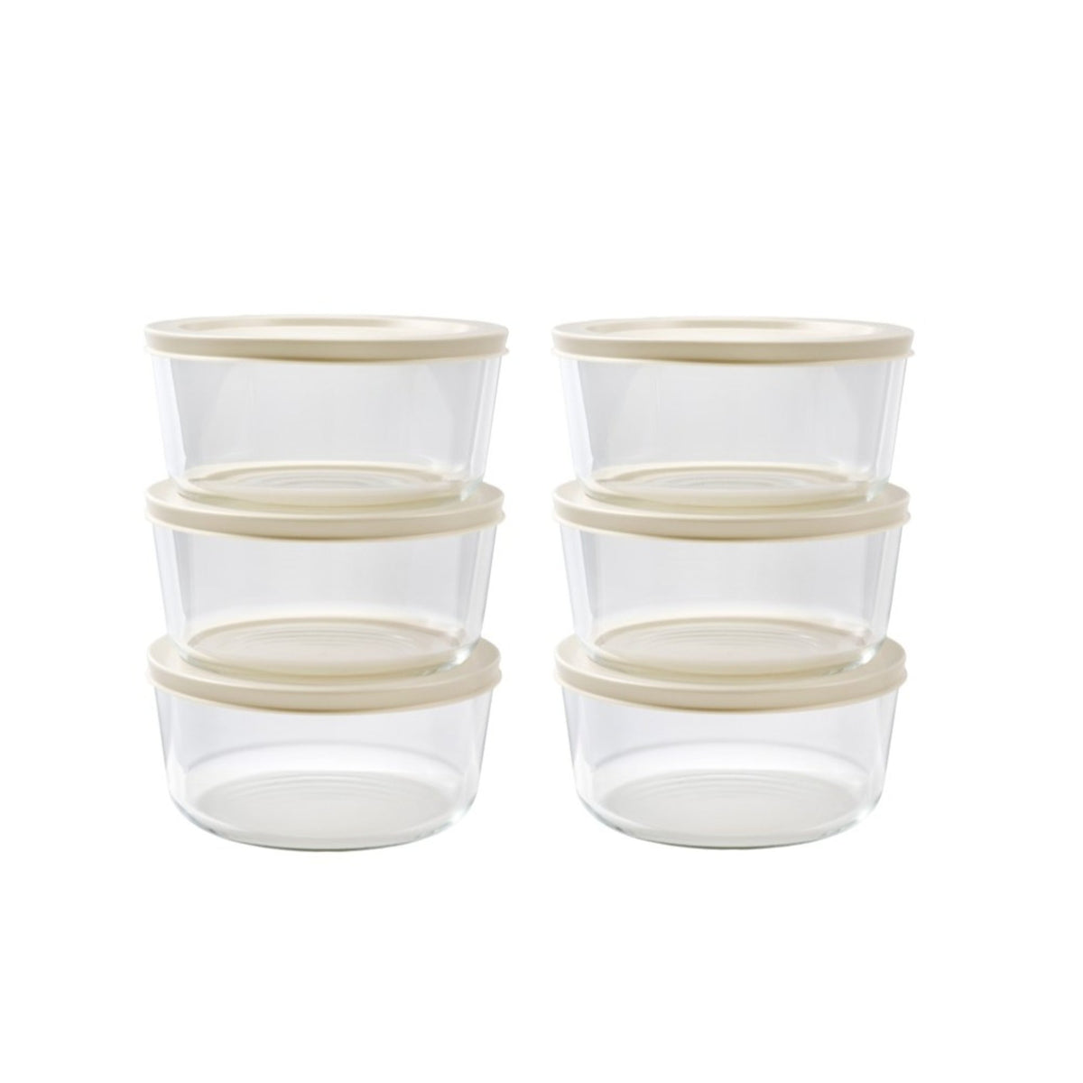 Dura Living 12-piece round glass storage containers with lids, 4 cups/32oz, in warm beige, for kitchen organization and food storage.