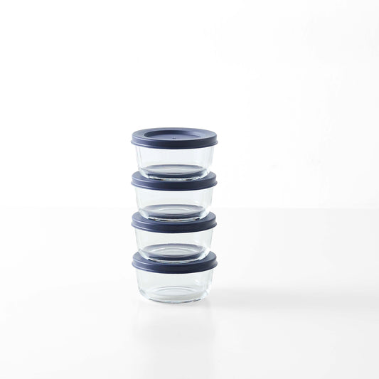 Set of 8 blue round glass storage containers with lids, 1 cup (8 oz) capacity, by Dura Living.