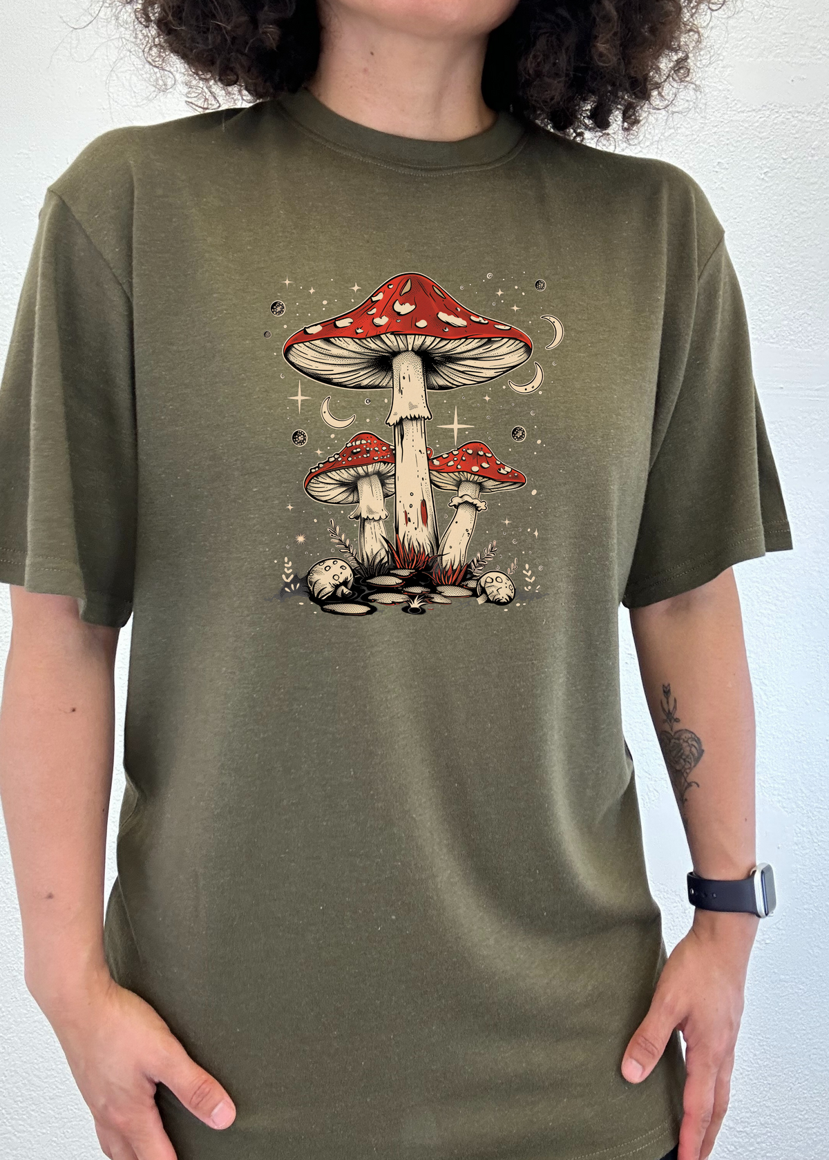Men's Boho Retro Hippie Mushrooms graphic T-shirt by Spun Bamboo, featuring natural bamboo and cotton fabric with colorful mushroom print.
