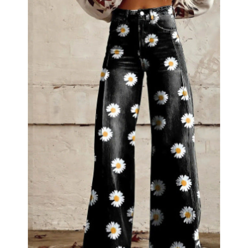 Women's thin faux denim straight-leg pants by My Store, blue denim-style trousers