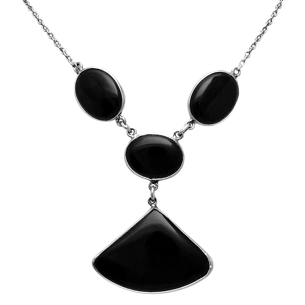 Sterling silver necklace featuring a polished black onyx gemstone, crafted by DESIRE GEM, style N-1013.