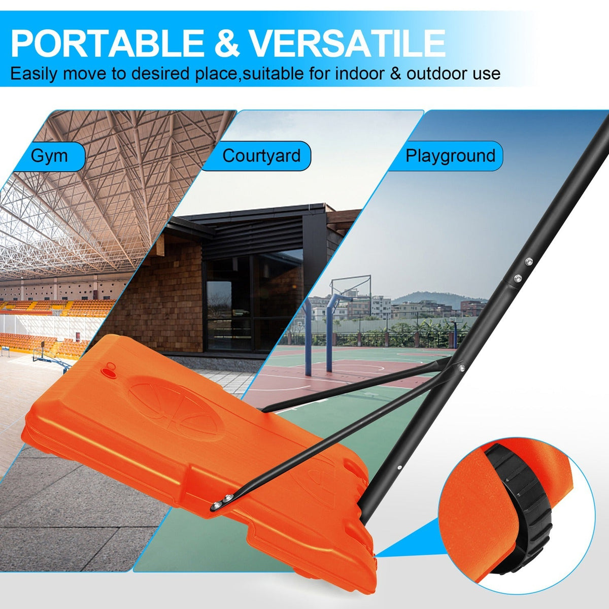 Kids basketball hoop by GBruno Store, adjustable height from 5.6 to 7 feet with wheels for easy mobility.