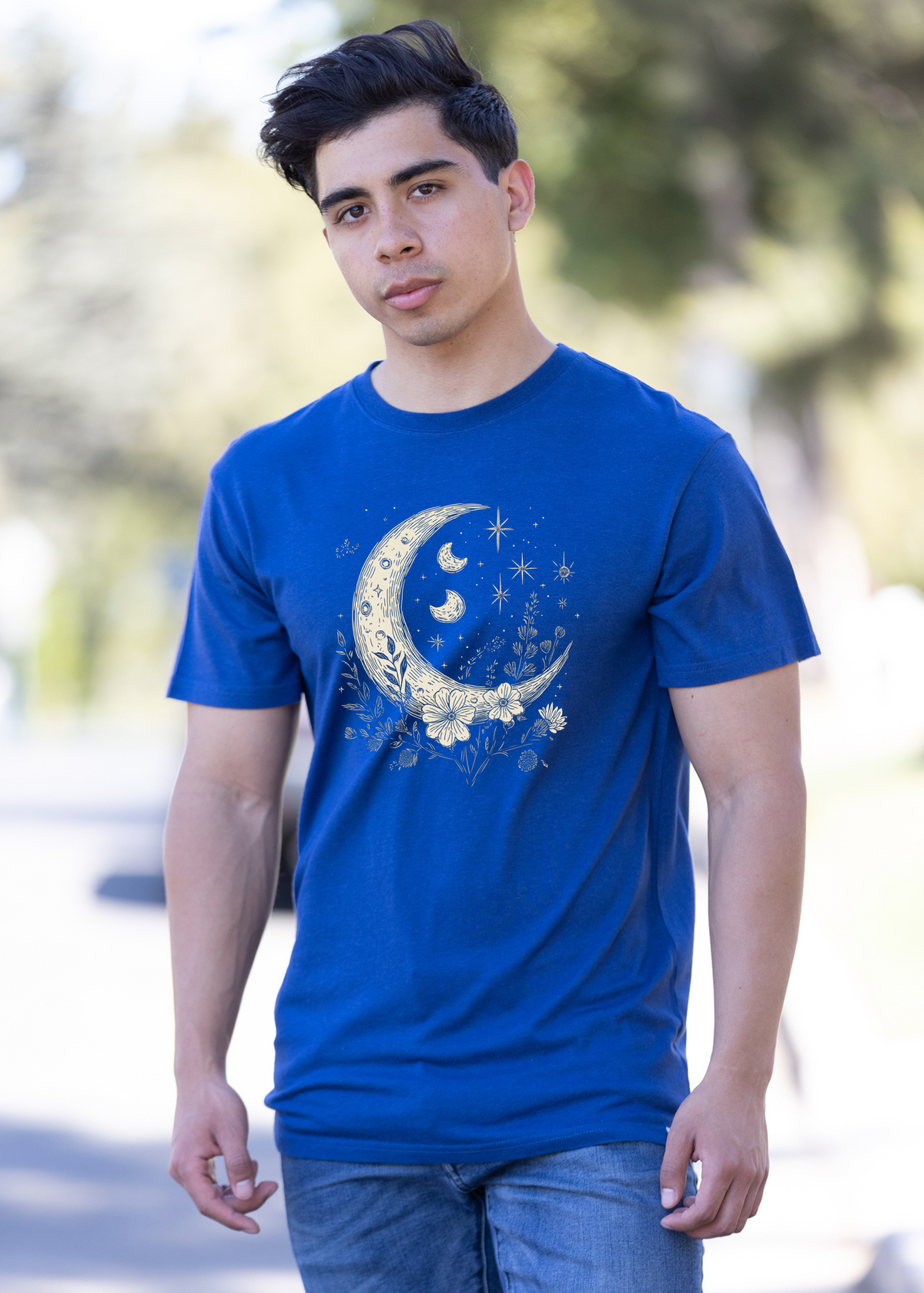 Men's Spun Bamboo T-shirt with moons, stars, and boho flower graphic in vintage style, made from bamboo and cotton fabric.
