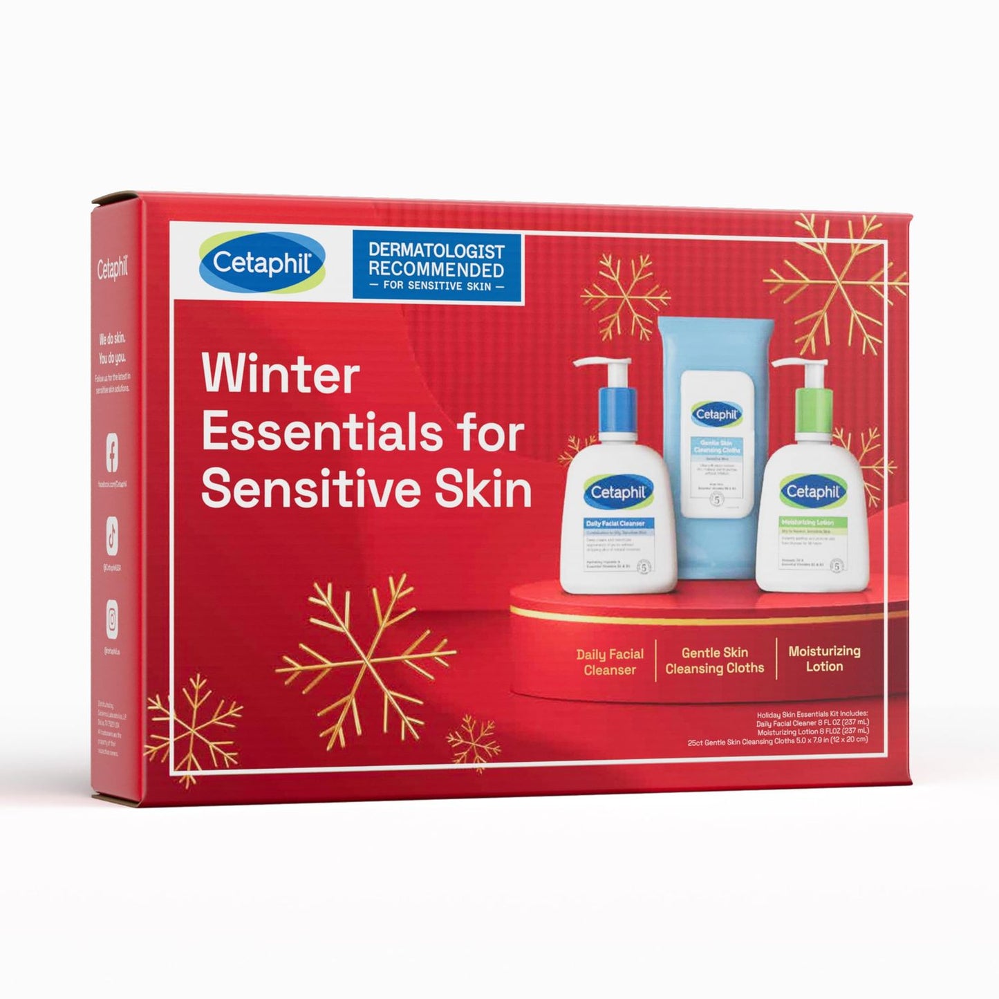 Pasteur Pharmacy Cetaphil holiday gift set with gentle face wipes, daily cleanser, and moisturizing lotion for sensitive skin.
