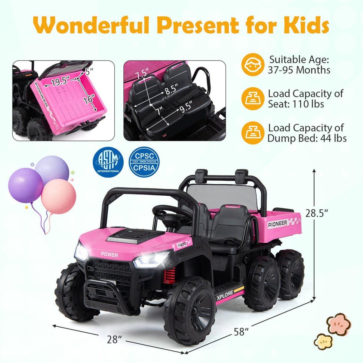24V two-seater kids ride-on dump truck from GBruno Store with electric dump bed, 4WD, and working lights.