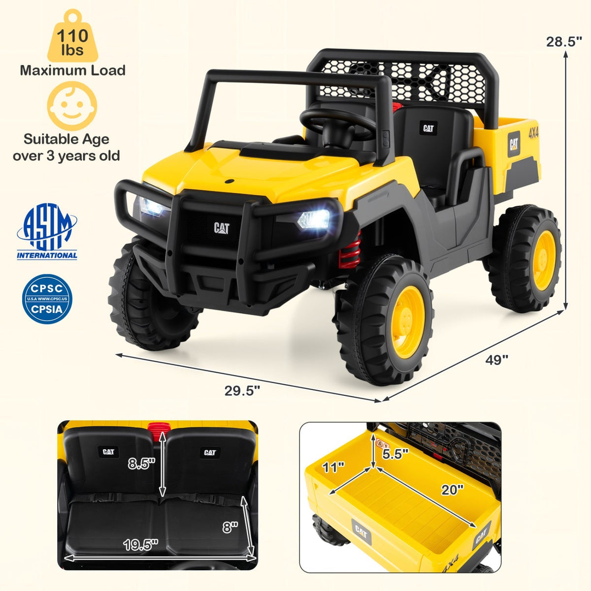 Yellow 24V ride-on dump truck toy with two seats and remote control by GBruno Store, suitable for children outdoor play.