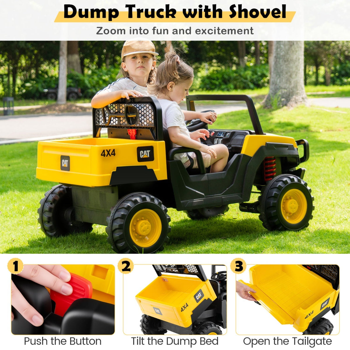 Yellow 24V ride-on dump truck with two seats and remote control, designed for kids' outdoor play by GBruno Store.
